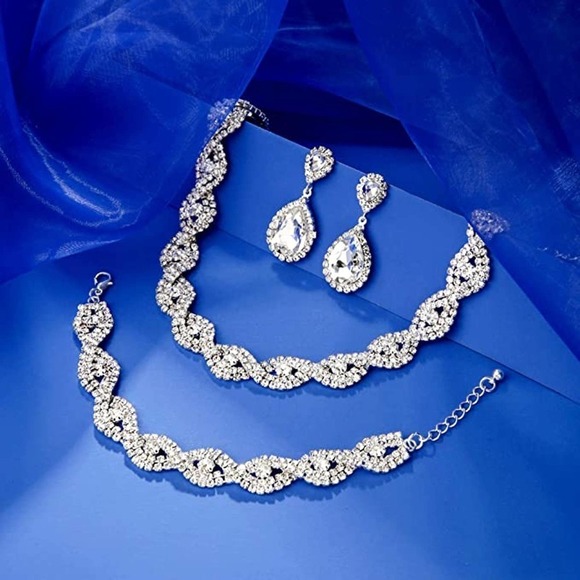 Sliver Crystal Necklace Set CZ Cubic Rhinestone Necklace Bracelet Earrings Set - Picture 1 of 4